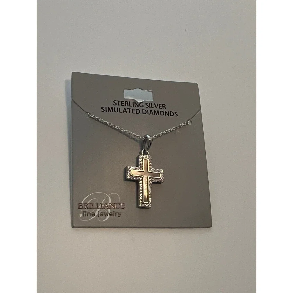 Sterling silver 925 cross pendant with mother of pearl, simulated diamonds NEW